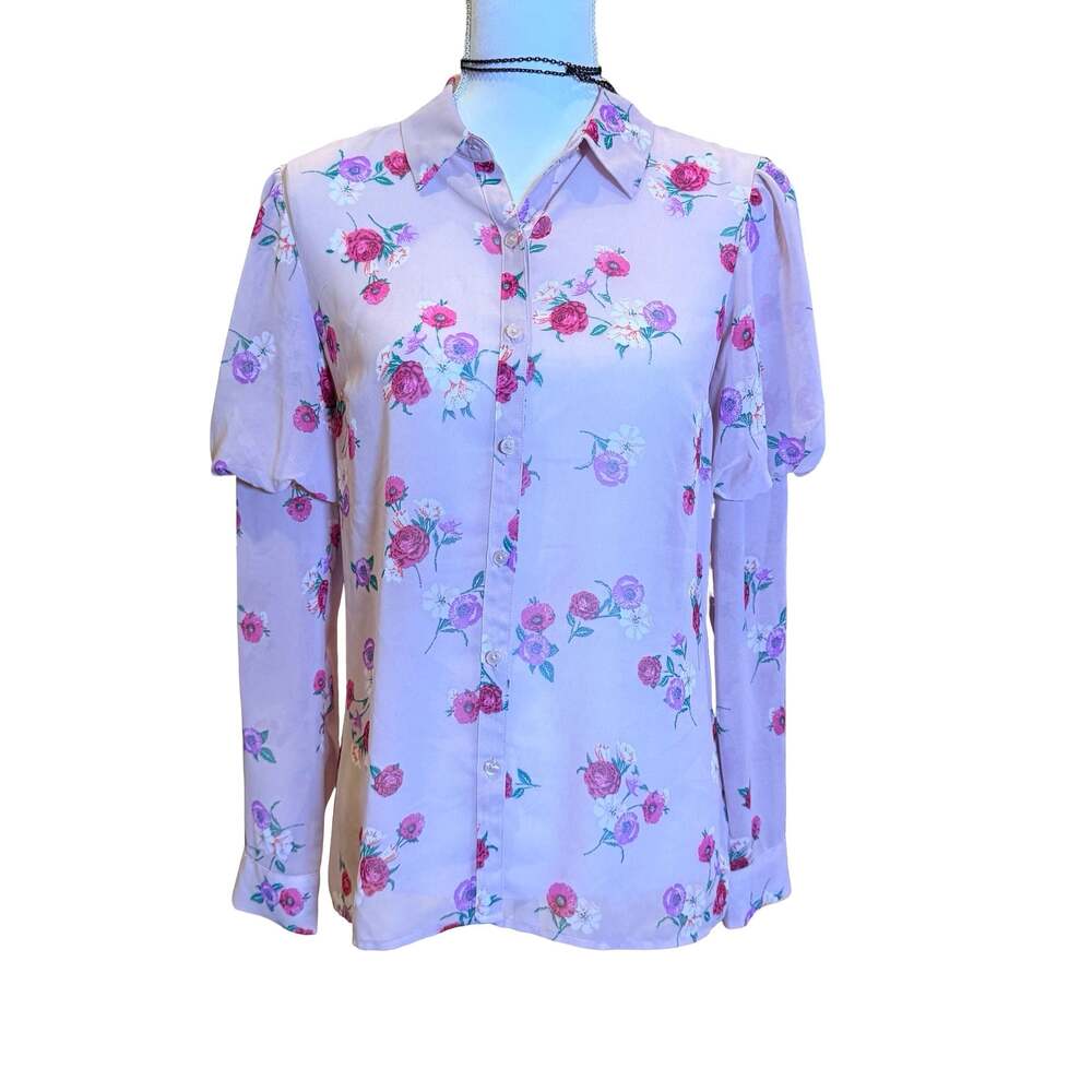 Express Pink Floral Long Sleeve Button-Down Blouse with Puff Sleeves